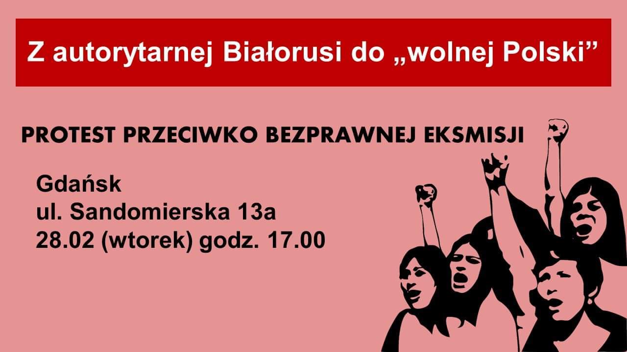 Banner - grafika z protestującymi kobietami i hasła "Z autorytarnej Białorusi do "wolnej Polski". Protest przeciwko bezprawnej eksmisji. Gdańsk, ul. Sandomierska 13a, 28.02 (wtorek), godz. 17:00"